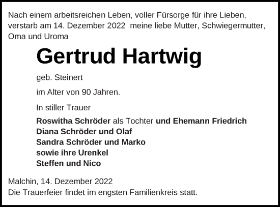 Traueranzeige von Gertrud Hartwig von Mecklenburger Schweiz