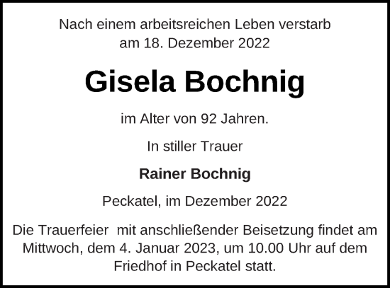 Traueranzeige von Gisela Bochnig von Strelitzer Zeitung