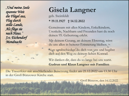 Traueranzeige von Gisela Langner von Vorpommern Kurier