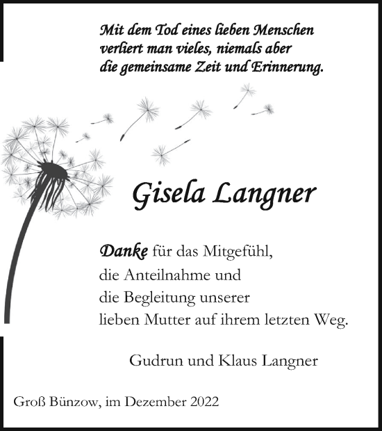 Traueranzeige von Gisela Langner von Vorpommern Kurier