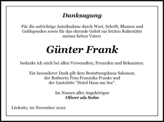 Traueranzeige von Günter Frank von Pasewalker Zeitung