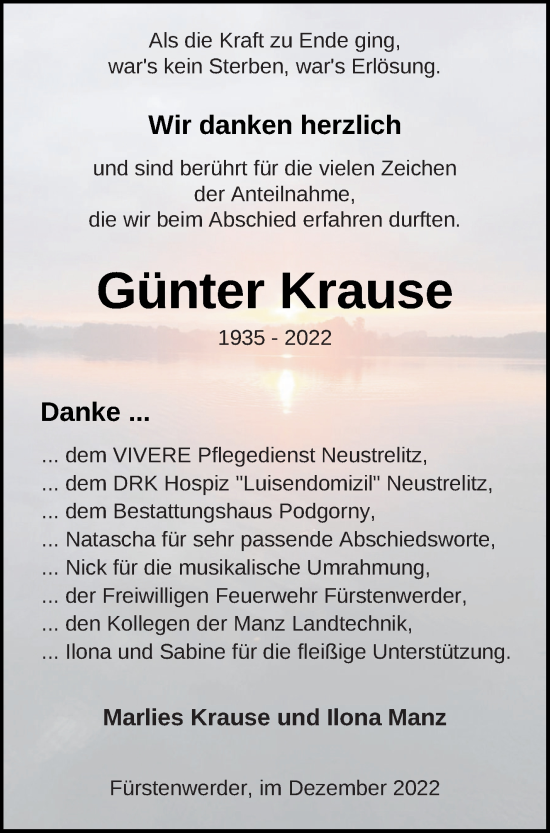 Traueranzeige von Günter Krause von Prenzlauer Zeitung