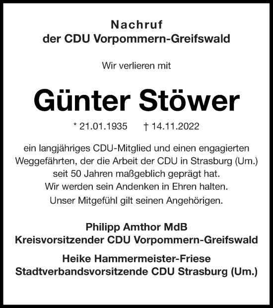 Traueranzeige von Günter Stöwer von Pasewalker Zeitung