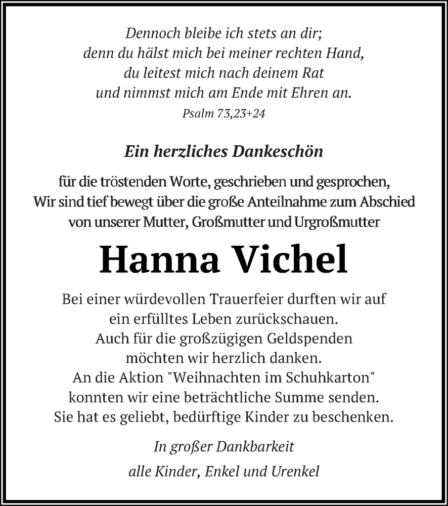  Traueranzeige für Hanna Vichel vom 09.12.2022 aus Mecklenburger Schweiz