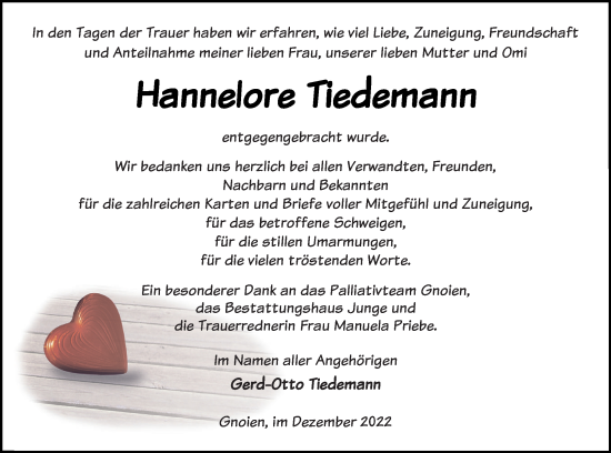 Traueranzeige von Hannelore Tiedemann von Mecklenburger Schweiz