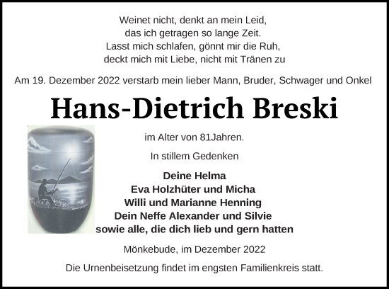 Traueranzeige von Hans-Dietrich Breski von Haff-Zeitung