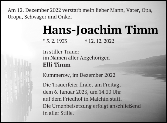 Traueranzeige von Hans-Joachim Timm von Mecklenburger Schweiz