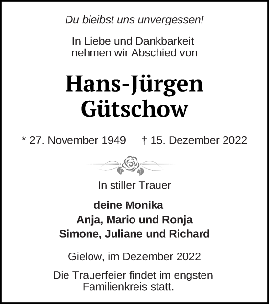 Traueranzeige von Hans-Jürgen Gütschow von Mecklenburger Schweiz