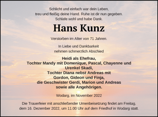 Traueranzeige von Hans Kunz von Neubrandenburger Zeitung