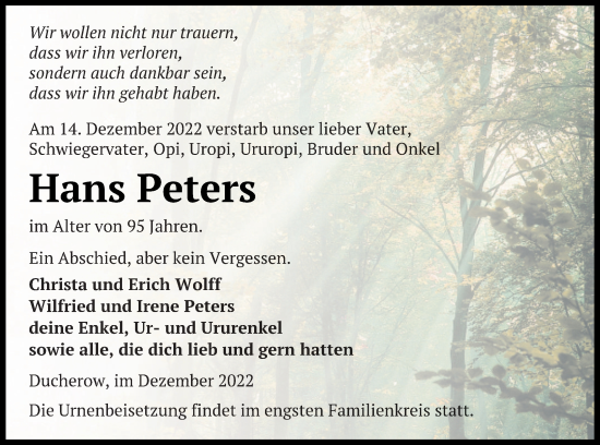 Traueranzeige von Hans Peters von Vorpommern Kurier