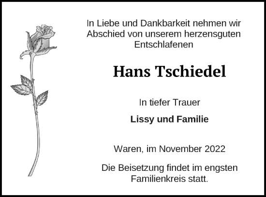 Traueranzeige von Hans Tschiedel von Müritz-Zeitung