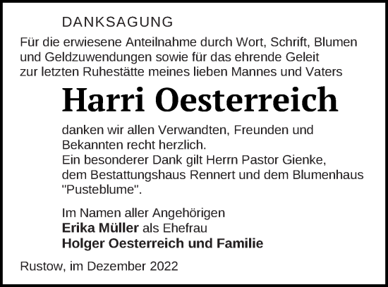 Traueranzeige von Harri Oesterreich von Vorpommern Kurier