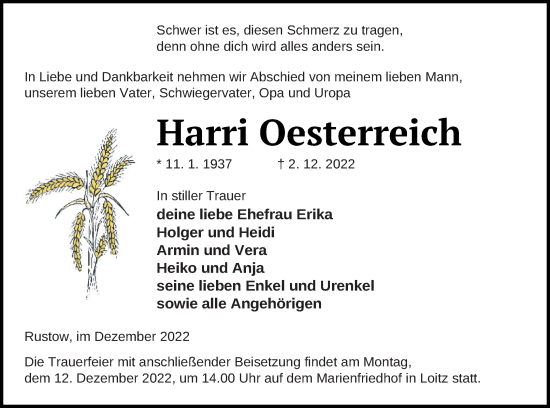 Traueranzeige von Harri Oesterreich von Vorpommern Kurier