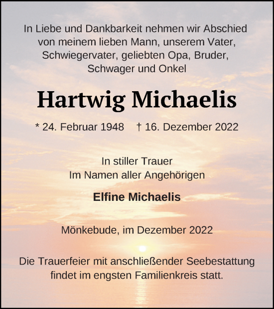 Traueranzeige von Hartwig Michaelis von Haff-Zeitung