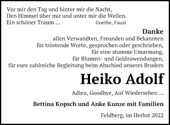 Traueranzeige von Heiko Adolf von Strelitzer Zeitung