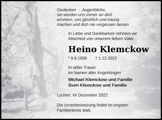 Traueranzeige von Heino Klemckow von Templiner Zeitung