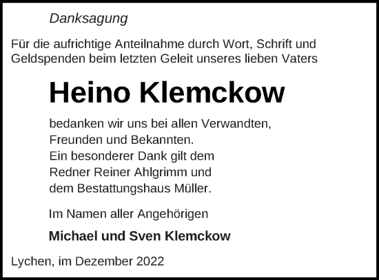 Traueranzeige von Heino Klemckow von Templiner Zeitung