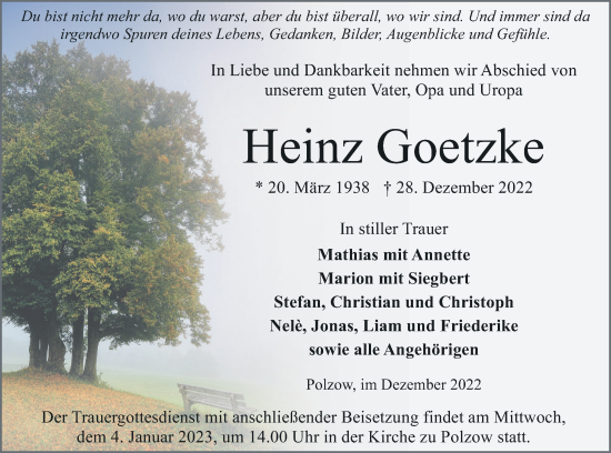 Traueranzeige von Heinz Goetzke von Pasewalker Zeitung