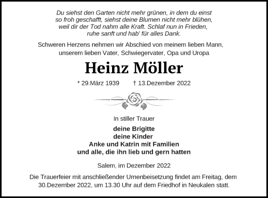 Traueranzeige von Heinz Möller von Mecklenburger Schweiz