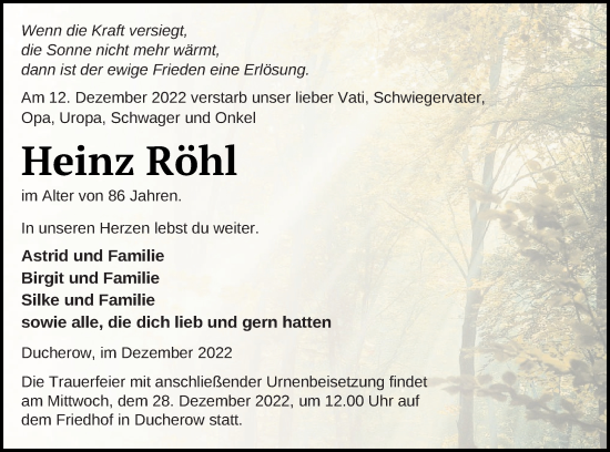 Traueranzeige von Heinz Röhl von Vorpommern Kurier