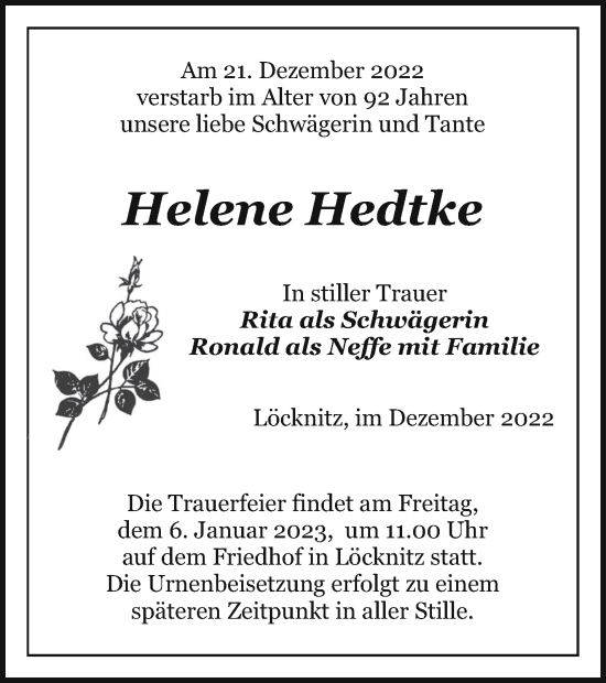 Traueranzeige von Helene Hedtke von Pasewalker Zeitung