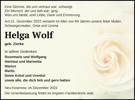 Traueranzeige von Helga Wolf von Vorpommern Kurier