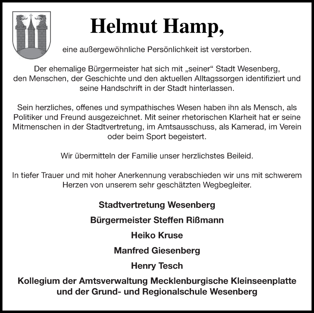  Traueranzeige für Helmut Hamp vom 07.12.2022 aus Strelitzer Zeitung