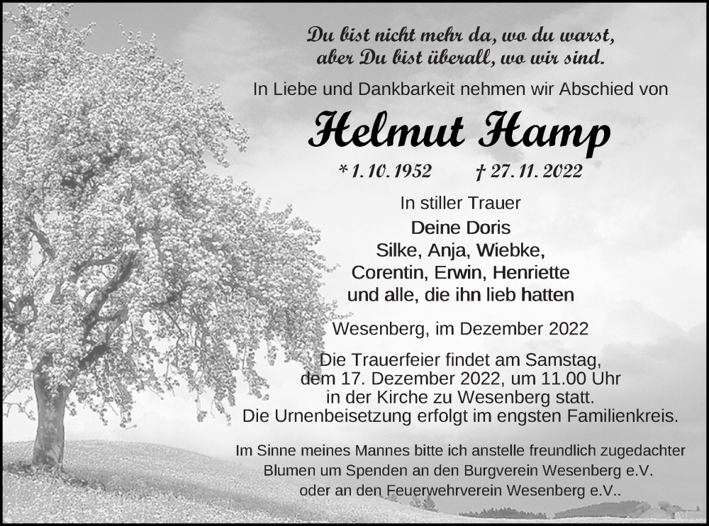  Traueranzeige für Helmut Hamp vom 03.12.2022 aus Strelitzer Zeitung