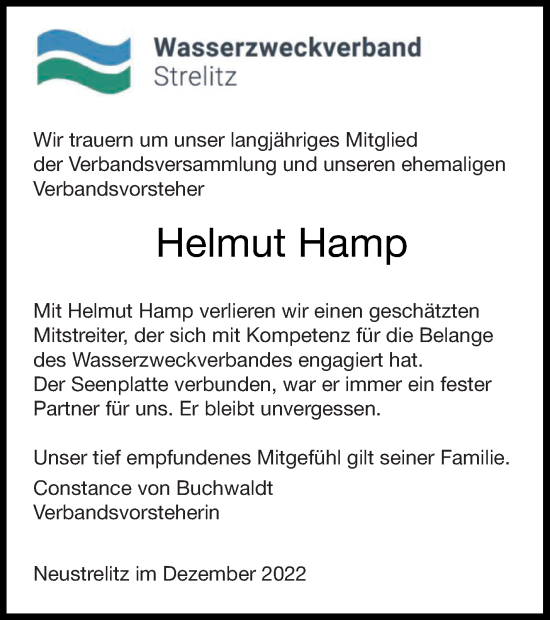 Traueranzeige von Helmut Hamp von Strelitzer Zeitung