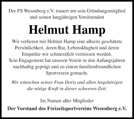 Traueranzeige von Helmut Hamp von Strelitzer Zeitung