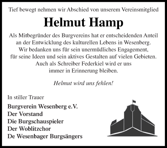 Traueranzeige von Helmut Hamp von Strelitzer Zeitung