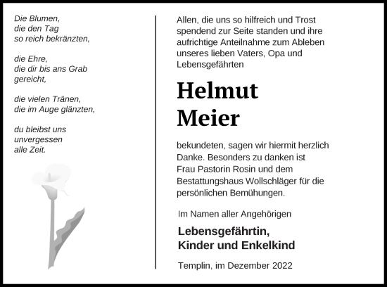 Traueranzeige von Helmut Meier von Templiner Zeitung