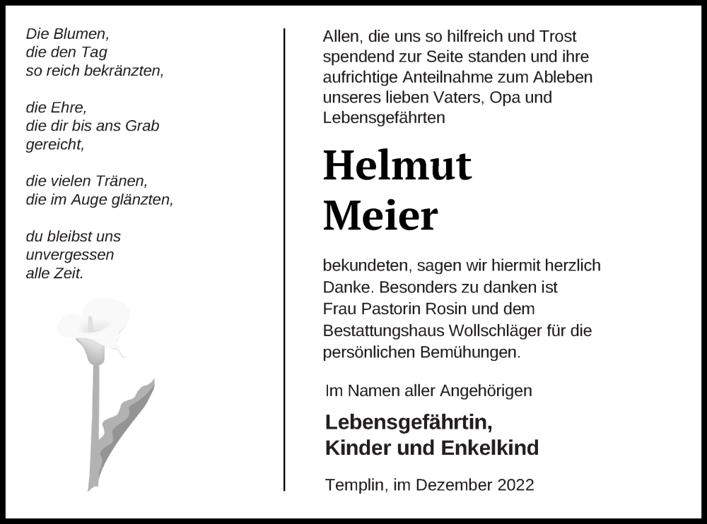  Traueranzeige für Helmut Meier vom 14.12.2022 aus Templiner Zeitung