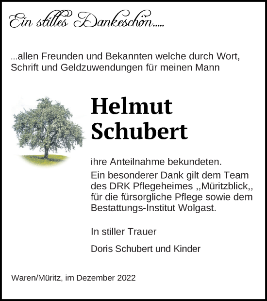 Traueranzeige von Helmut Schubert von Müritz-Zeitung