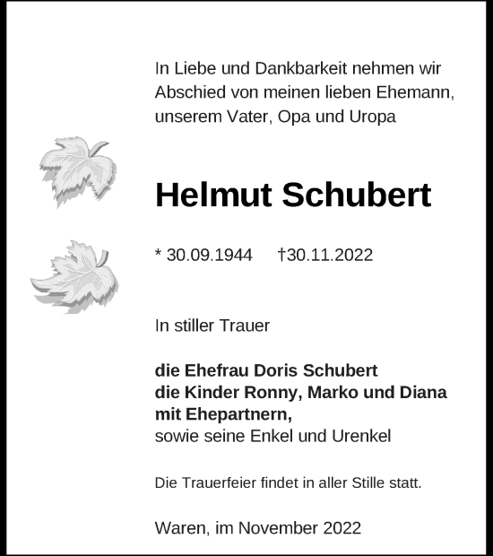 Traueranzeige von Helmut Schubert von Müritz-Zeitung
