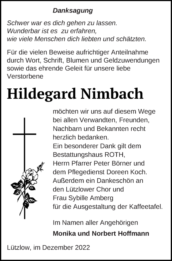 Traueranzeige von Hildegard Nimbach von Prenzlauer Zeitung