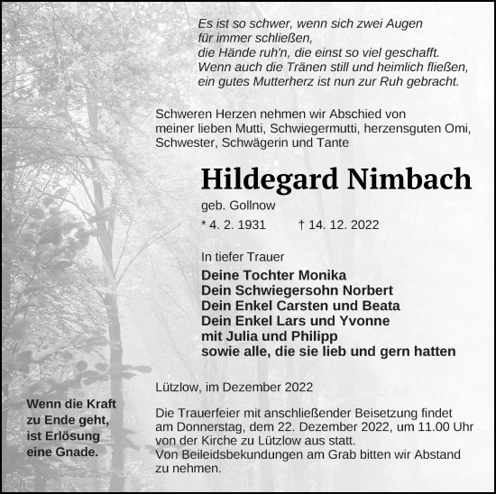 Traueranzeige von Hildegard Nimbach von Prenzlauer Zeitung