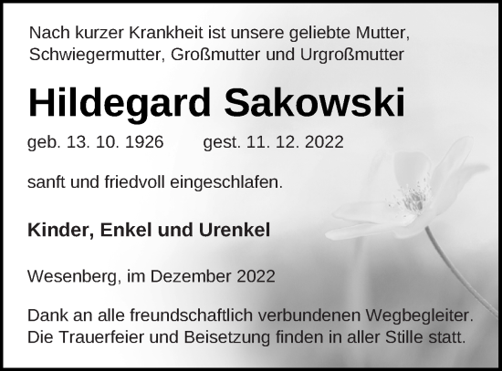 Traueranzeige von Hildegard Sakowski von Neubrandenburger Zeitung