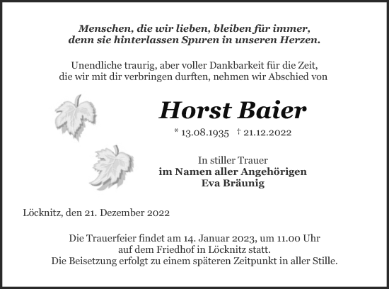 Traueranzeige von Horst Baier von Pasewalker Zeitung