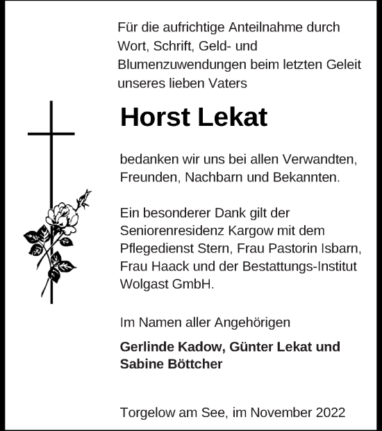 Traueranzeige von Horst Lekat von Müritz-Zeitung