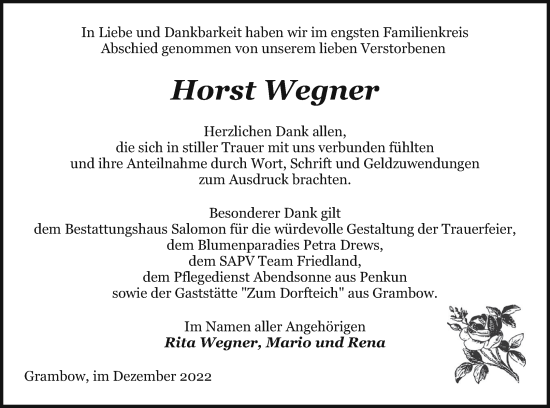 Traueranzeige von Horst Wegner von Pasewalker Zeitung