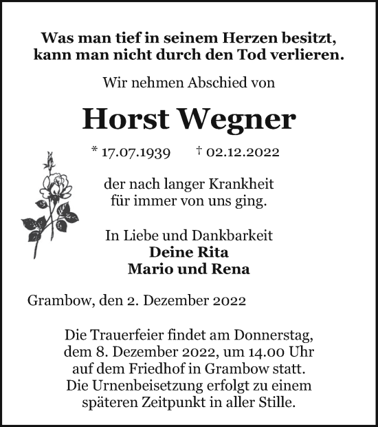 Traueranzeige von Horst Wegner von Pasewalker Zeitung