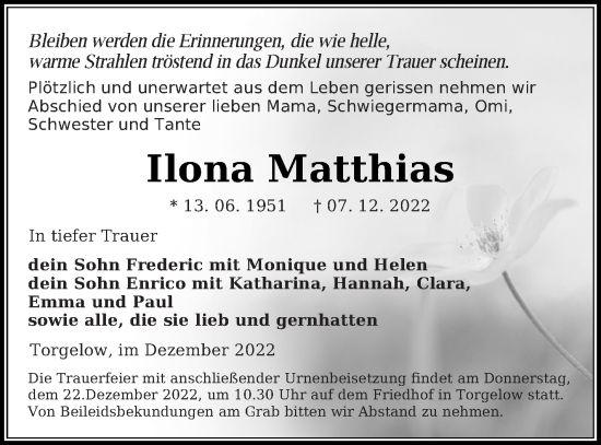 Traueranzeige von Ilona Matthias von Haff-Zeitung