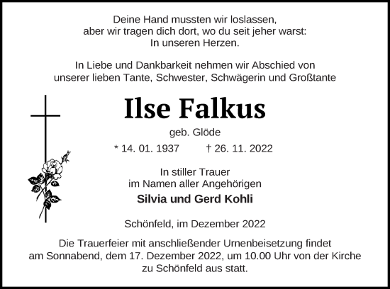 Traueranzeige von Ilse Falkus von Prenzlauer Zeitung