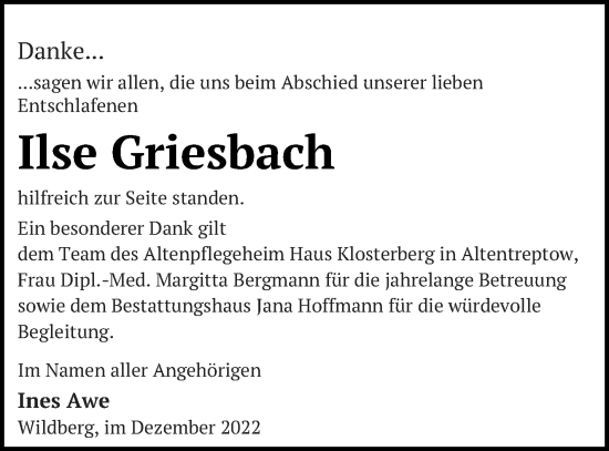 Traueranzeige von Ilse Griesbach von Neubrandenburger Zeitung