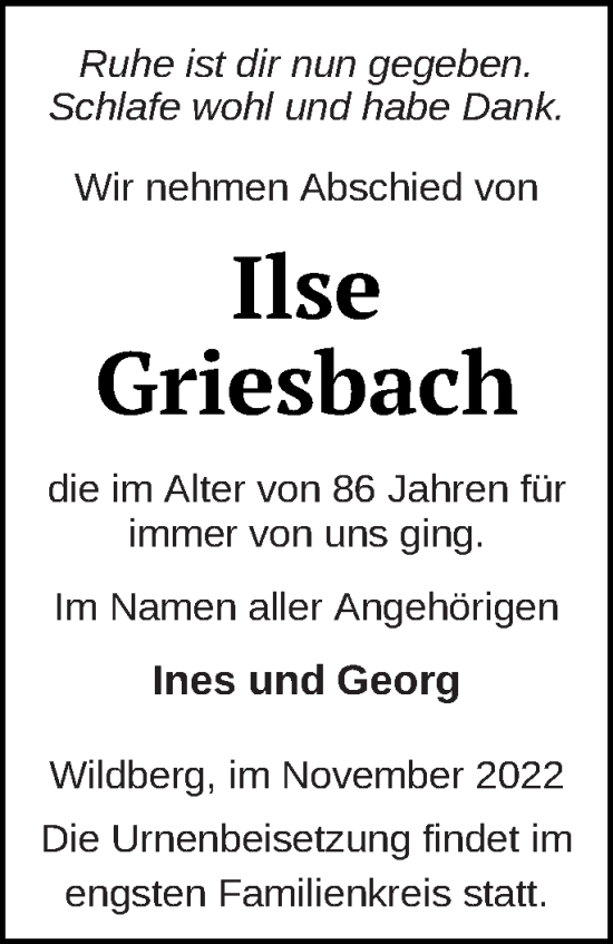 Traueranzeige von Ilse Griesbach von Neubrandenburger Zeitung