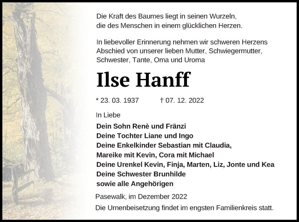  Traueranzeige für Ilse Hanff vom 14.12.2022 aus Pasewalker Zeitung
