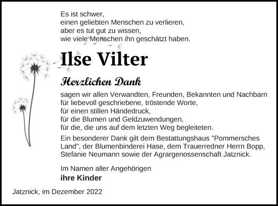 Traueranzeige von Ilse Vilter von Pasewalker Zeitung