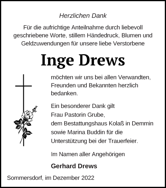 Traueranzeige von Inge Drews von Demminer Zeitung