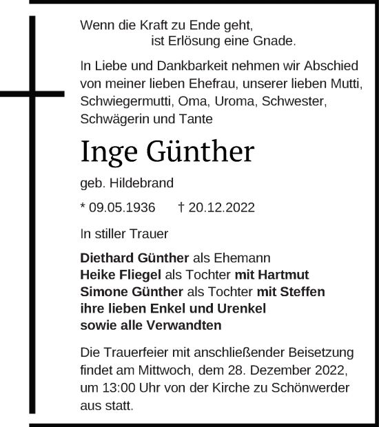 Traueranzeige von Inge Günther von Prenzlauer Zeitung